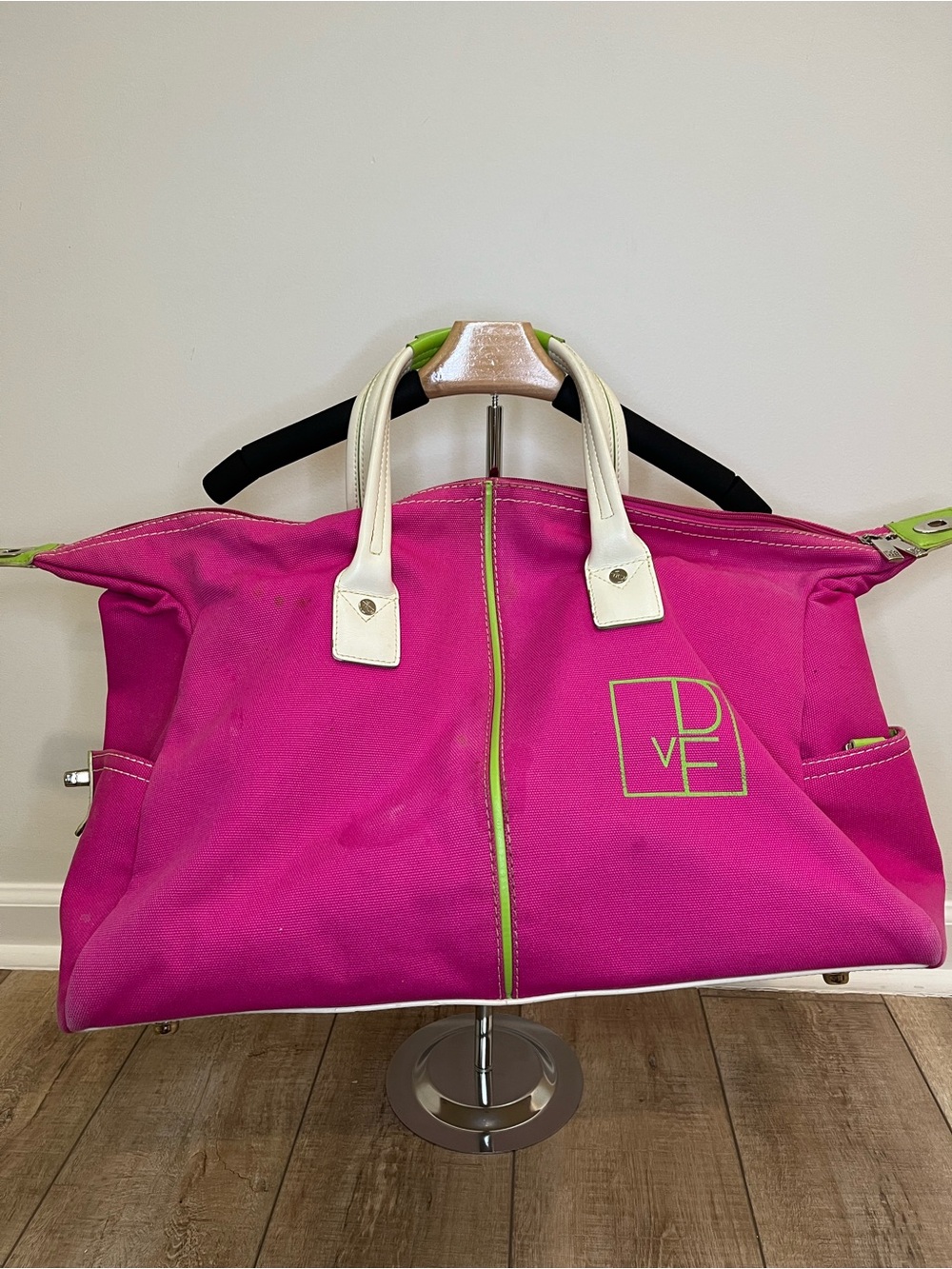 DVF Diane von Furstenberg Pink Lime Green Canvas Weekender Travel Duffel Bag - Picture 1 of 11